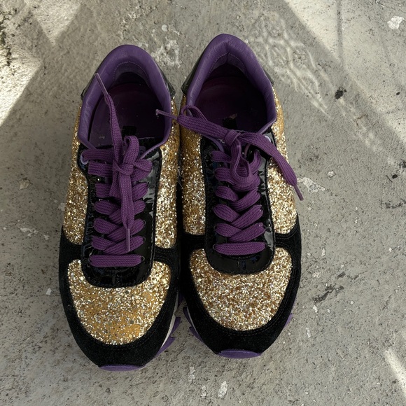 Dolce and Gabbana Capri glitter embellished leather and suede sneakers